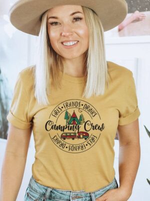 Fires Friends Drinks Camping Crew T-shirt | Graphic Top