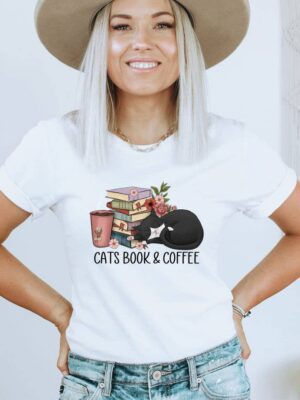 Cat Book And Coffee T-shirt | Graphic Tee