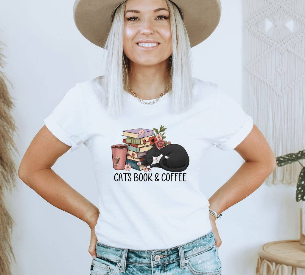 Cat Book And Coffee T-shirt | Graphic Tee