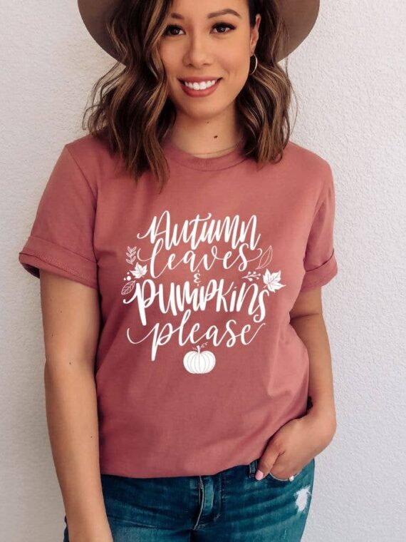 Autumn Leaves And Pumpkins Please T-shirt | Graphic Top
